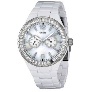 💎Guess White/Mother of Pearl/Swarovski‎ Crystal Emerald Cut Chrono Watch💎